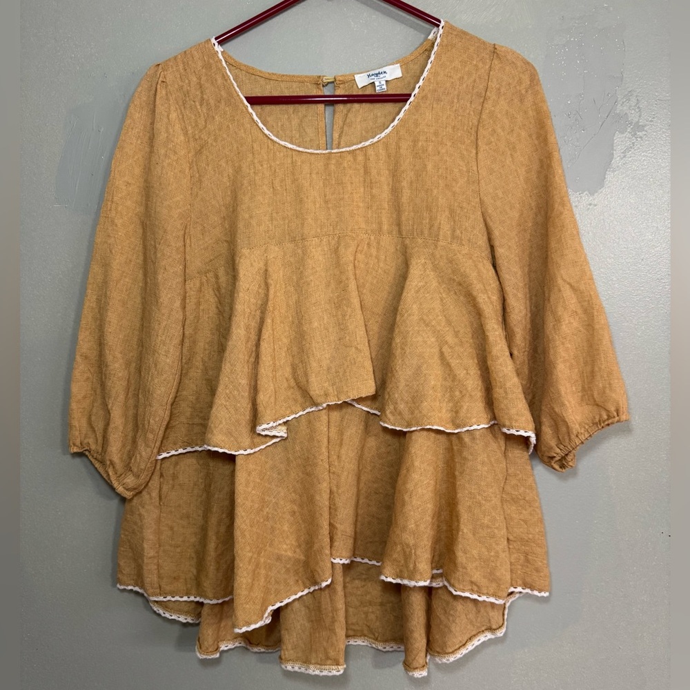 Hayden Los Angeles Mustard Layered Blouse with White Trim Small Boho